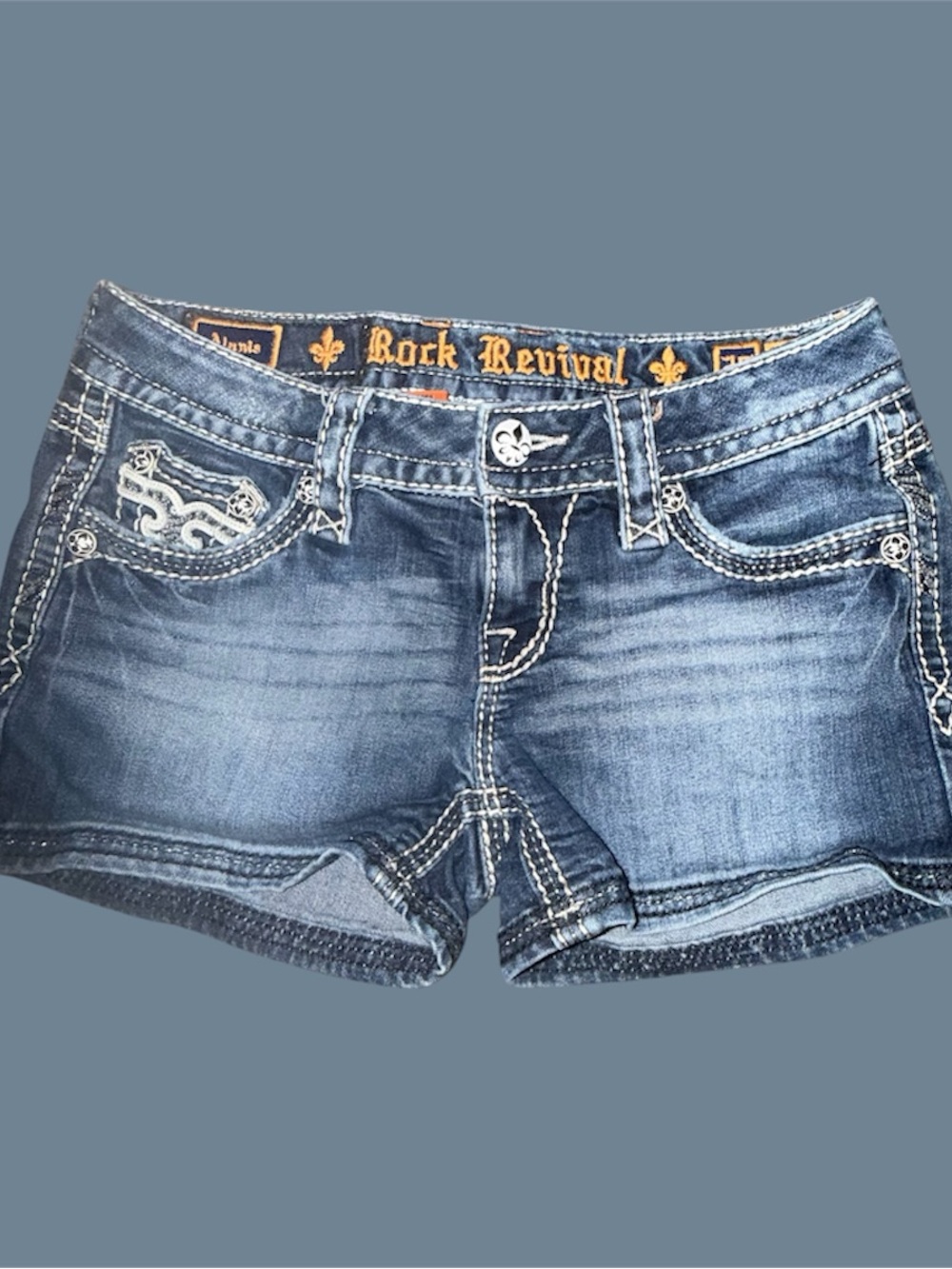 Rock Revival Distressed Blue Denim Low-Rise Jean Shorts